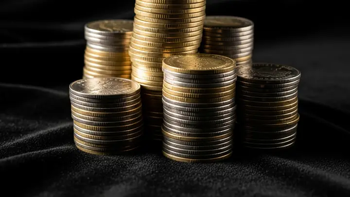 Stacks of gold and silver coins