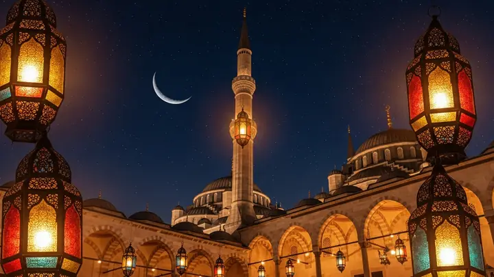Ramadan lanterns in a mosque courtyard under a crescent moon